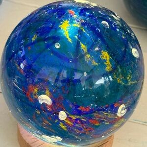 Vibrant Blue Glass Art Sphere ocean paperweight 3.5” x 3”